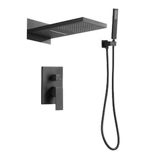 9 in. 2-Handle 2-Spray Wall Mount Rectangle Rainfall Shower with Hand Shower Head in Matte Black (Valve Included)