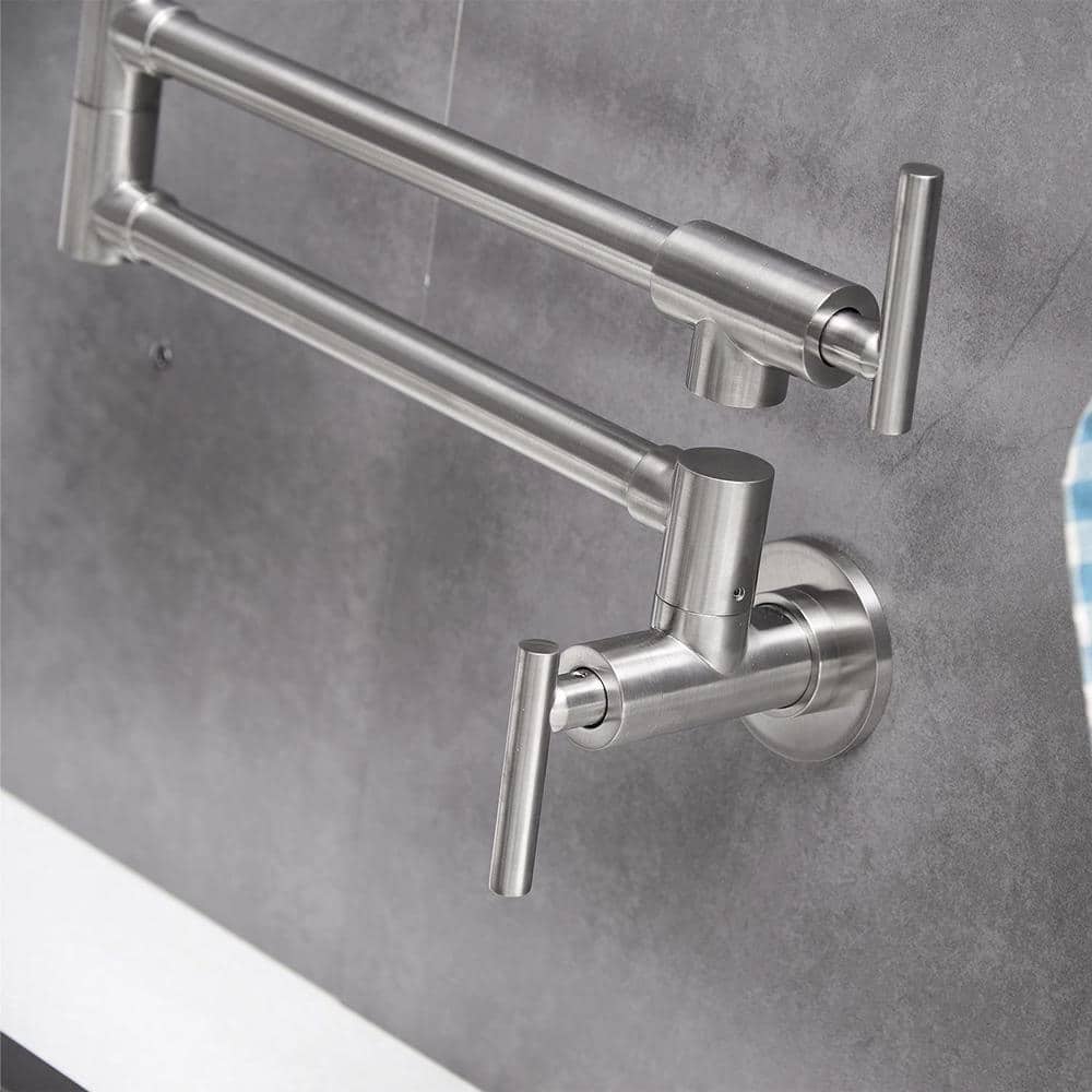 Brushed Nickel Wall-Mounted Double Handle Pot Filler Faucet