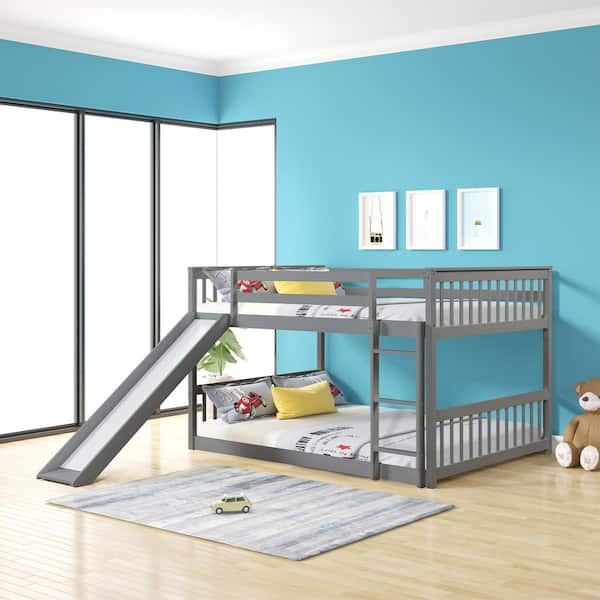 79.7 in. L x 57.2 in. W Gray Pine Full Size Bunkbed with Slide