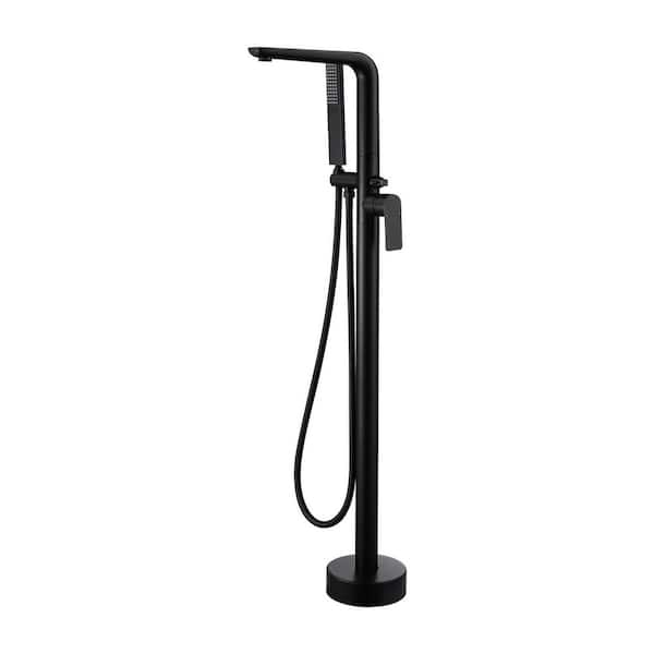 Single Handle Floor Mount Bathtub Faucet Freestanding Tub Filler Standing Shower Faucets with Handheld Shower in Black
