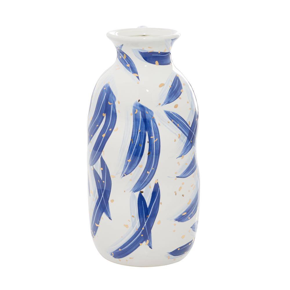 Contemporary Blue Ceramic Vase with Gold Flecks, 7" x 13"