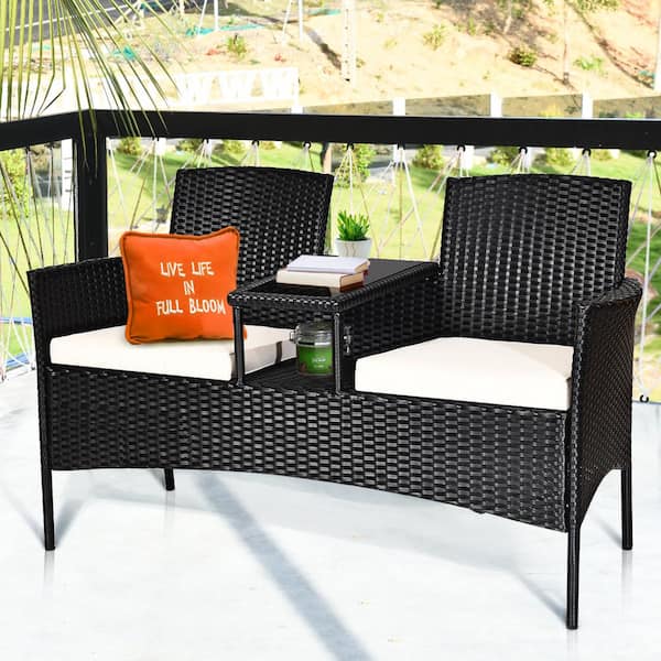 Costway 1-Piece Patio Rattan Loveseat Table Chairs Chat Set Seat Sofa Conversation Set with White Cushions