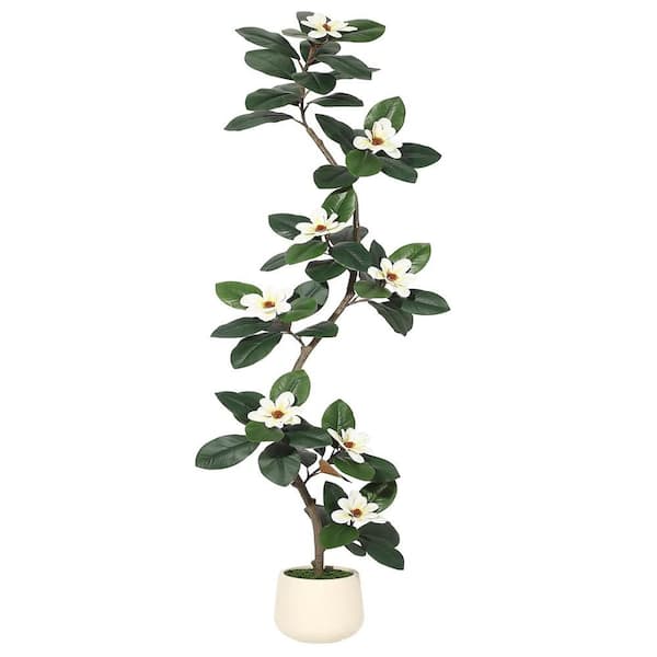 7FT Rubber Tree Artificial Tree in Pot,Faux Plants Indoor Faux Floor Plants with 7 Pcs Magnolia Flowers for Home Decor