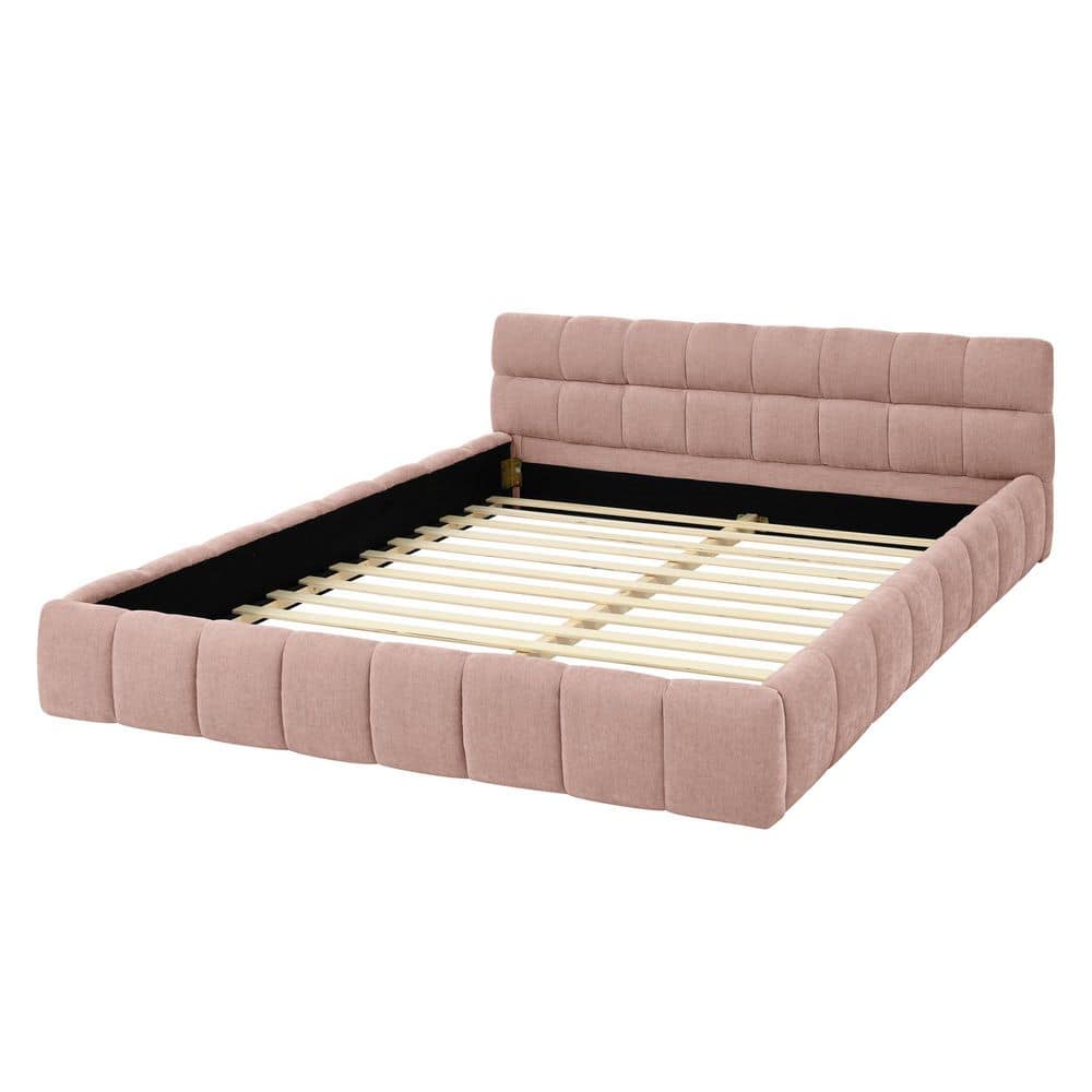 Elfin Beige Wood Frame Queen Size Platform Bed with Chenille Upholstered Headboard - thumbnail 3