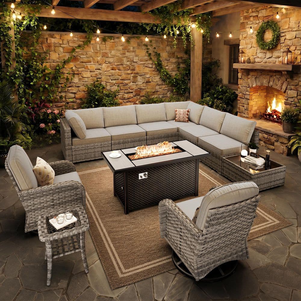Hoppish Gray 11-Piece Wicker Patio 54 in. Fire Pit Conversation Set with Beige Cushions and Swivel Rocking Chairs price history on PriceWatchPro