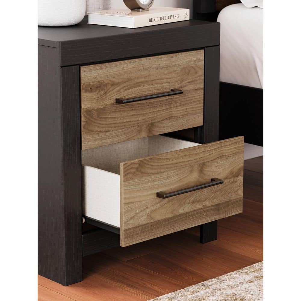 Black and Brown 2-Drawer Nightstand with USB Ports