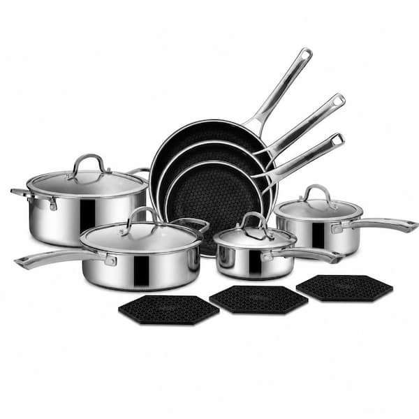 14 Pcs Induction Compatible Stainless Steel Non Stick Cookware Set with Frying Pans, Saucepans, Saute Pan, Stock Pot