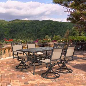 Classic Dark Brown 5-Piece Cast Aluminum Rectangle Outdoor Dining Set with Table and Swivel Dining Chairs