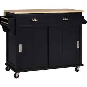 Black MDF Kitchen Cart with 4 Wheels, 2-Drawers and 2 Barn Doors 52.2 in. x 30.5 in. x 36.6 in.