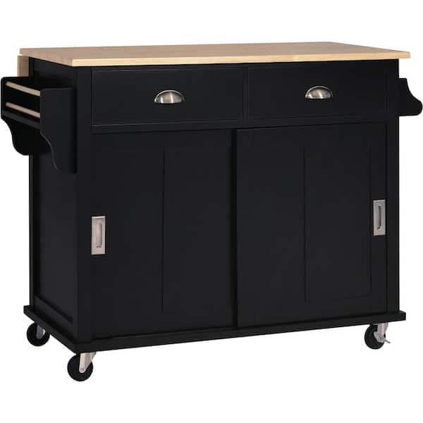 FUNKOL Black MDF Kitchen Cart with 4 Wheels, 2-Drawers and 2 Barn Doors 52.2 in. x 30.5 in. x 36.6 in.