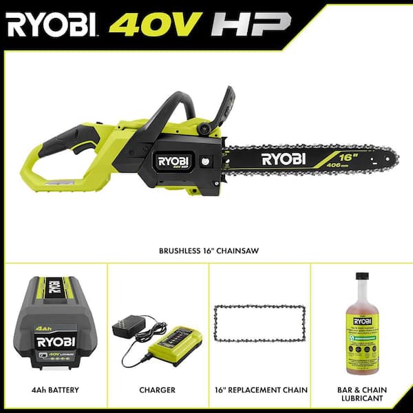 40V HP Brushless 16" Battery Chainsaw w/ Replacement Chain, 24 oz. Biodegradable Chain Oil, 4.0 Ah Battery, & Charger