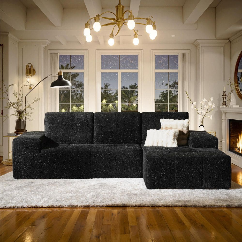 KALE 114 in. Wide Arm 2-Piece Modern Lurex Shimmer Velvet L-Shape Modular Sectional Sofa in Black with Right Chaise price history on PriceWatchPro