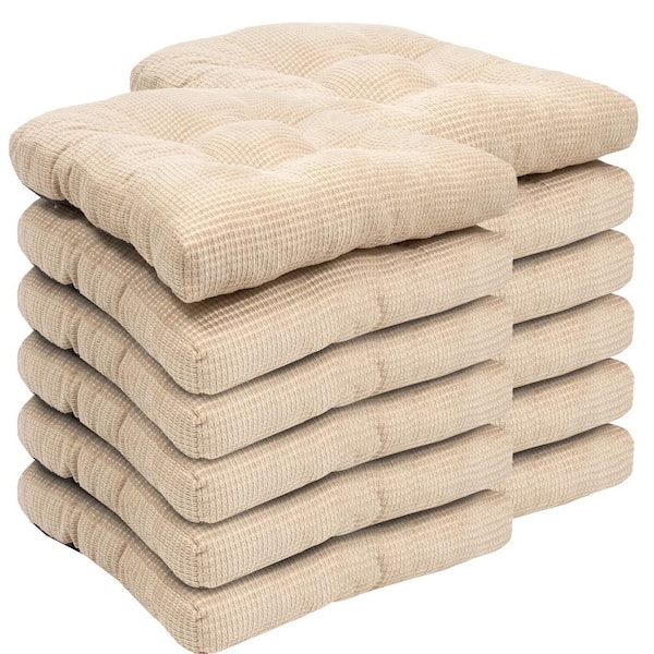 Sweet Home Collection Fluffy Tufted Memory Foam Square 16 in. x 16 in. Non-Slip Indoor/Outdoor Chair Cushion with Ties, Linen (12-Pack)