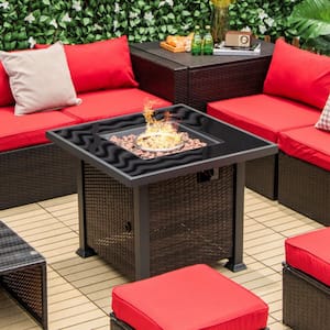 32 in. Black + Mix Brown Square Metal Outdoor Propane Fire Pit Table with Lava Rocks Cover