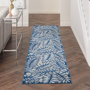 Aloha Ivory/Navy 2 ft. x 10 ft. Kitchen Runner Floral Contemporary Indoor/Outdoor Patio Area Rug