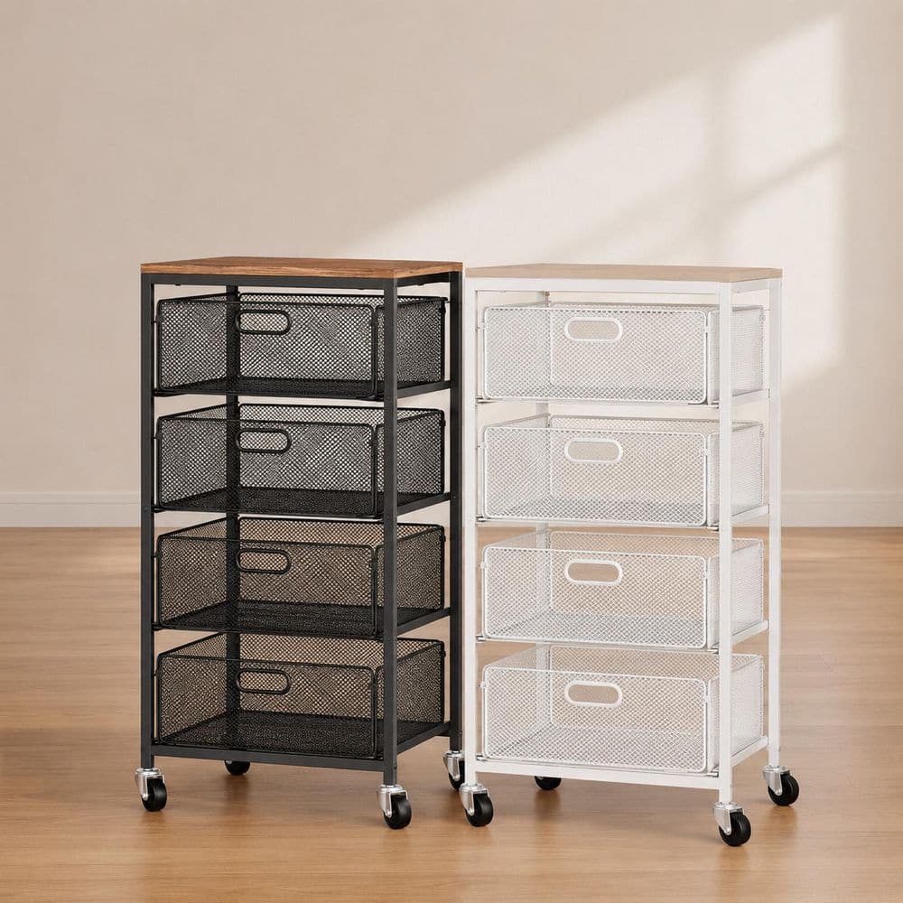 Black Metal Rolling Utility Cart with Wooden Top, 4 Tier Storage Organizer with Drawers and Lockable Wheels