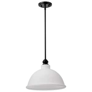 Russel 14 in. 1-Light Matte Black Traditional Pendant Light with Satin White Glass Shade