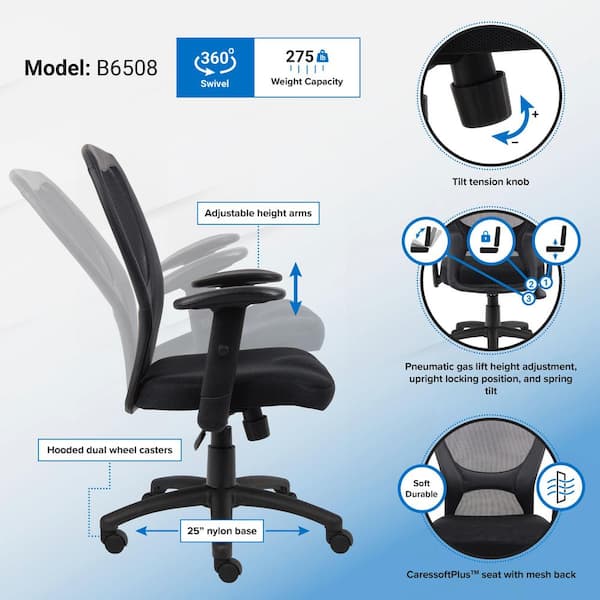 Boss Office Products Black Contemporary Ergonomic Adjustable Height Swivel  Upholstered Task Chair