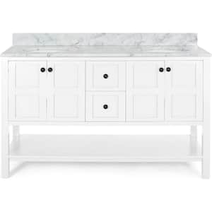 61 in. W x 22 in. D x 40 in. H Double Sink Freestanding Bath Vanity in White with White Marble Top and Storage Cabinet