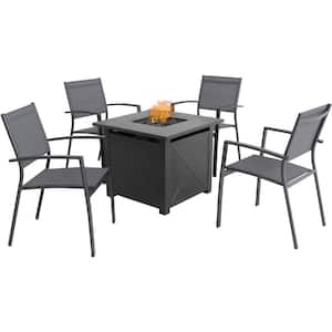 Naples Black/Gray 5-Piece Aluminum Patio Fire Pit Set with 4 Sling Chairs and 40,000 BTU Tile-Top Fire Pit Table