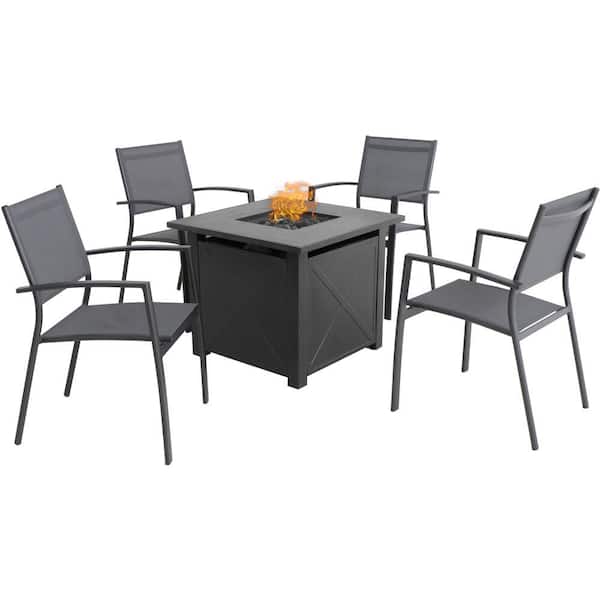 Hanover Naples Black/Gray 5-Piece Aluminum Patio Fire Pit Set with 4 Sling Chairs and 40,000 BTU Tile-Top Fire Pit Table