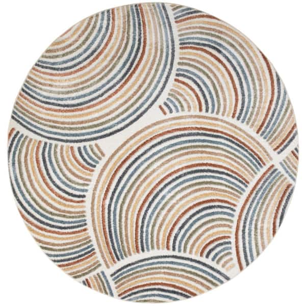 Astra Machine Washable Ivory Multicolor 5 ft. x 5 ft. All-over design Contemporary Round Area Rug