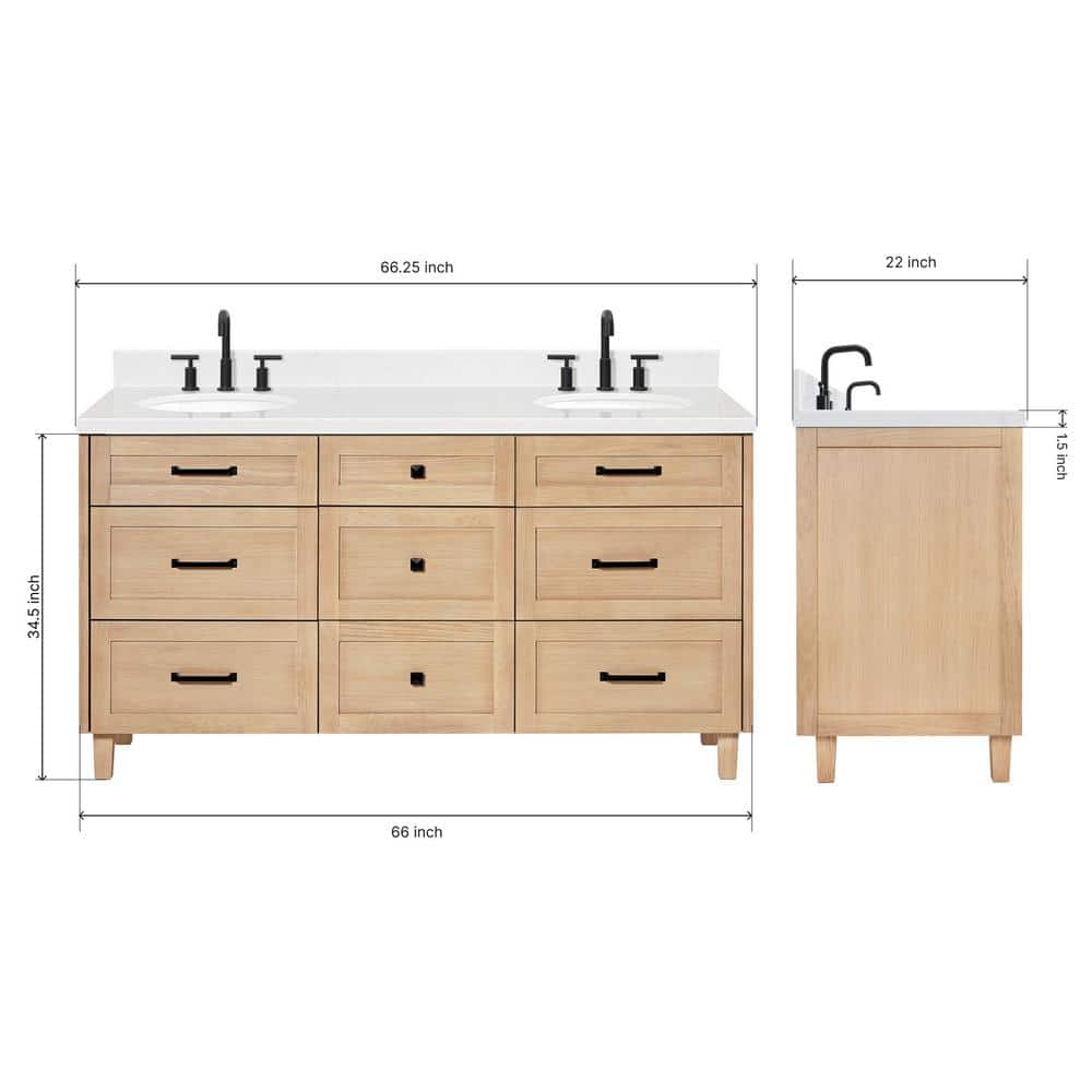 Monroe 66 Inch Oak Double Sink Vanity with Carrara White Quartz Top