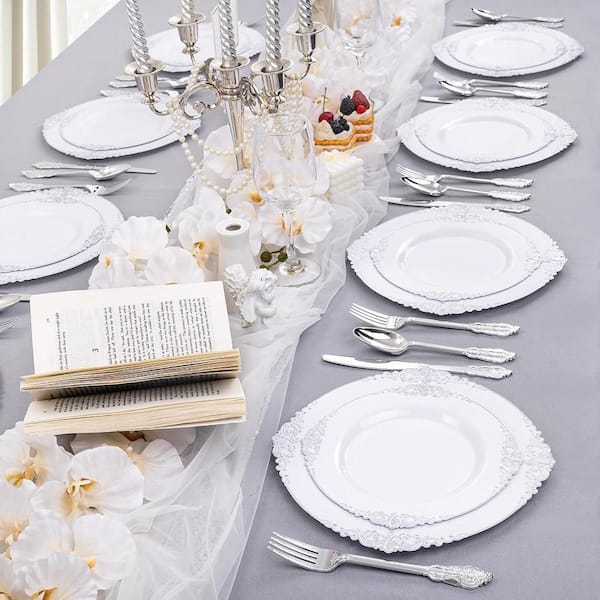 Anqtovp 150-Pieces Silver Plastic Disposable Plates with Silver