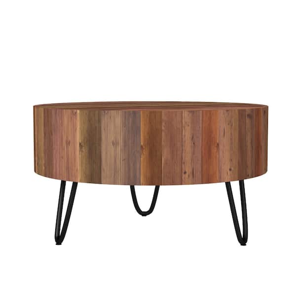 Handy Living Noleta 32 in. W Natural 18 in. H Round Old Reclaimed Wood Cocktail Table with Black Iron Hairpin Legs