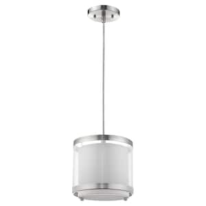 Lux 1-Light Brushed Nickel Mini Pendant With Metal Trimmed Sheer Snow Shantung Two Tier Shade