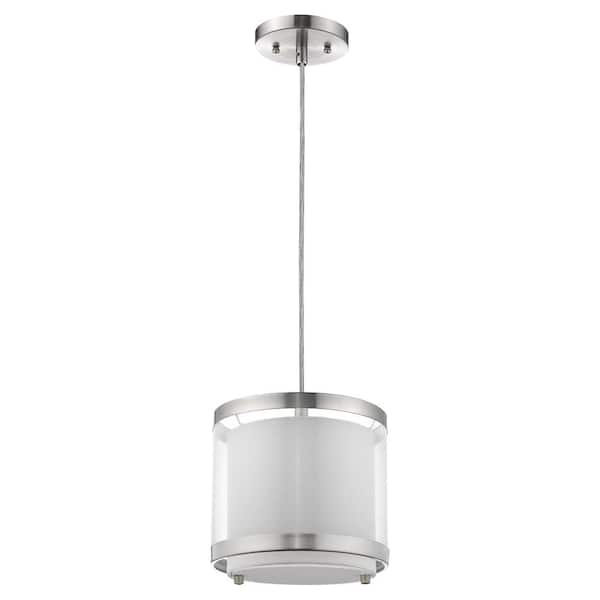 Trend Lighting Lux 1-Light Brushed Nickel Mini Pendant With Metal Trimmed Sheer Snow Shantung Two Tier Shade