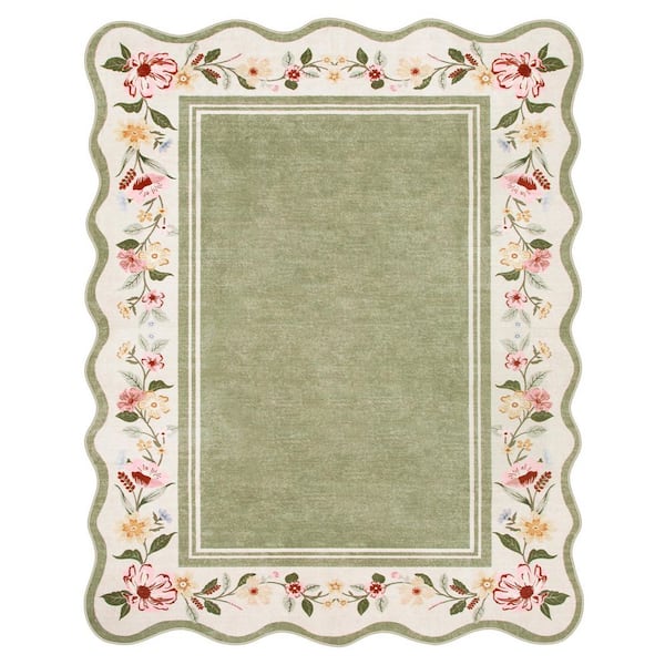 8 ft. x 10 ft. Machine Washable Green Scalloped Vintage Floral Low Pile NonSlip Soft Living Room Bedroom Indoor Area Rug