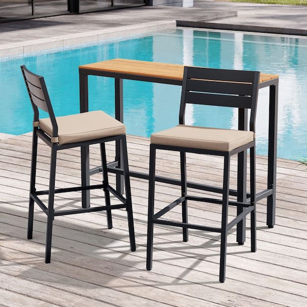 3-Piece Metal Outdoor Serving Bar Set High-Top Table with WPC Top and Steel Frame 2 Bar Stools with Cushions in Beige