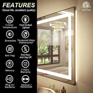 48 in. W x 36 in. H Rectangular Framed Front and Back LED Lighted Anti-Fog Wall Bathroom Vanity Mirror in Tempered Glass