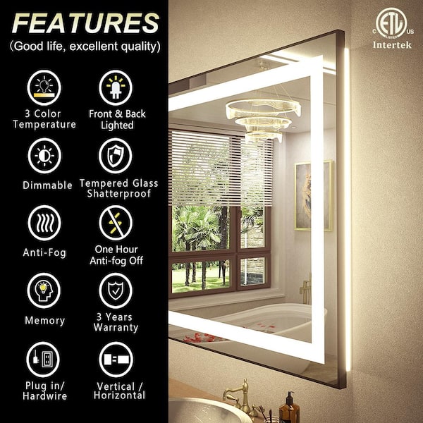 84 in. W x 32 in. H Rectangular Framed Front and Back LED Lighted Anti-Fog Wall Bathroom Vanity Mirror in Tempered Glass