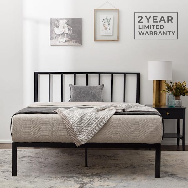 Queen Size Metal Bed Frame Wood Headboard&Slats Platform Bedroom Furniture Black 