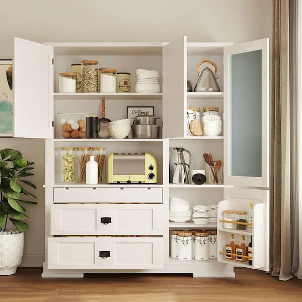 63.3 in. x 78.3 in. Engineered Wood Kitchen Pantry Cabinet with Hutch Drawers Door Shelf and Adjustable Shelves White