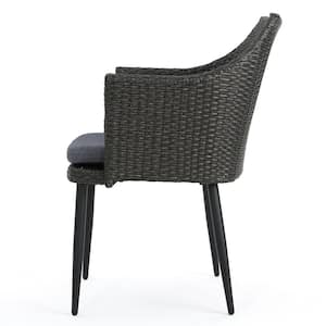 Iona Black Arm Faux Rattan Outdoor Dining Chair with Grey Cushions