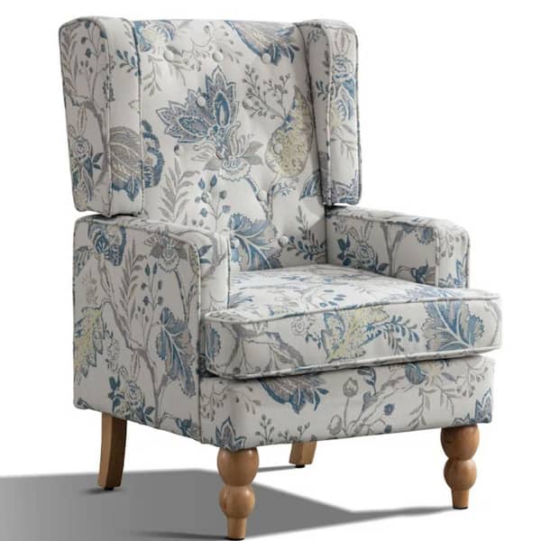 Bestier Modern Elegant Blue Upholstered Floral Accent Chair with Sturdy Wood Legs Wing-back Armchair with High Back