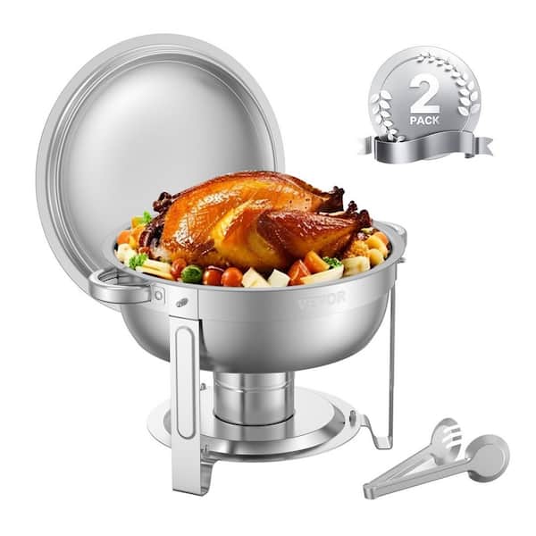 Chafing Dish Buffet Set, 5 qt. 2-Pack, Stainless Steel Dish Chafer with 2-Full Size Pans, Round Catering Warmer, Silver