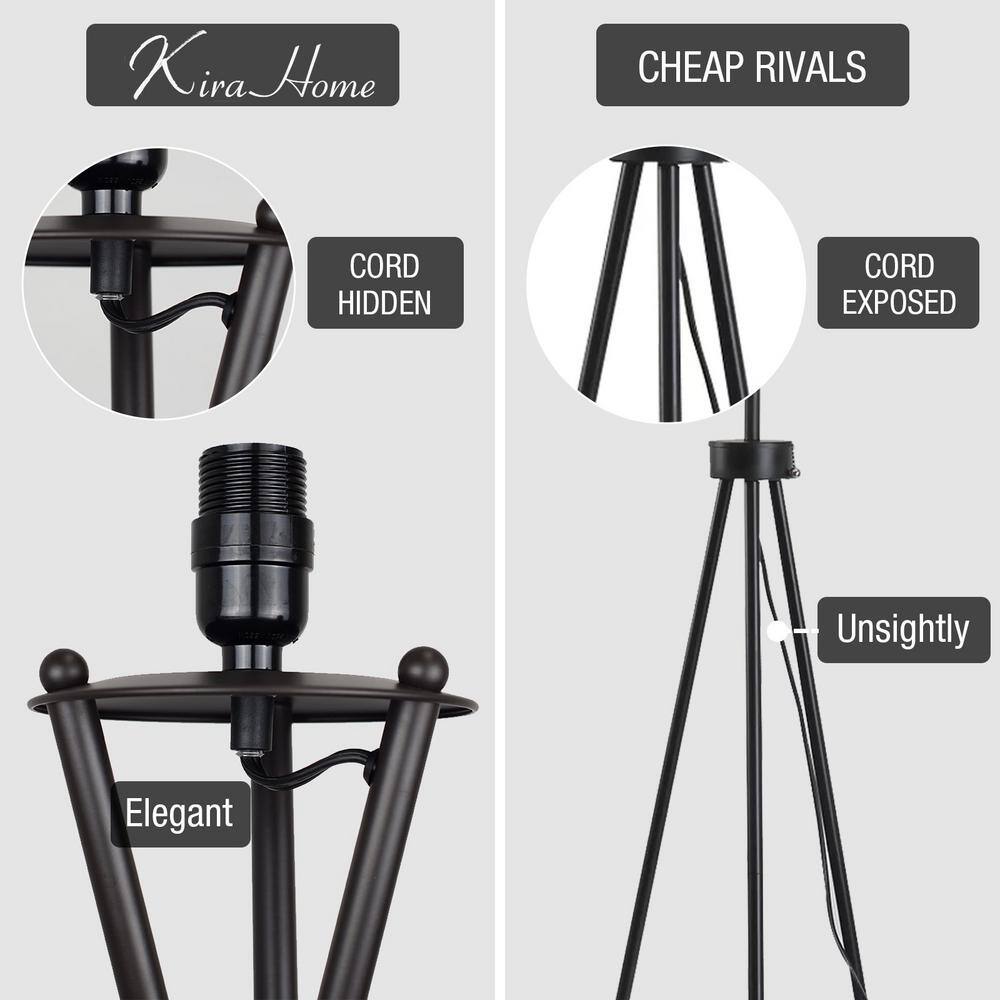 Black Tripod Floor Lamp with Fabric Shade and Faux Leather Accents