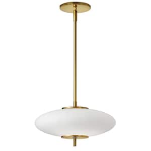 Maddie 1-Light Aged Brass Shaded Integrated LED Pendant Light with White Glass Shade