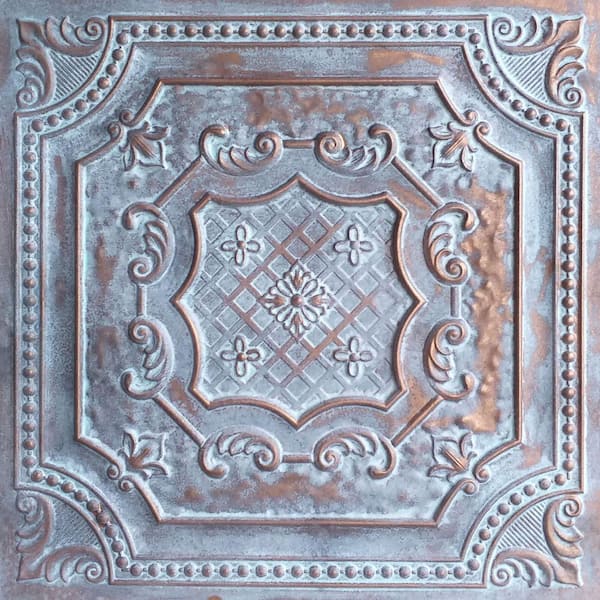Elizabethan Shield Weathered Copper 2 ft. x 2 ft. PVC Glue Up or Lay In Faux Tin Ceiling Tile (40 sq. ft./case)