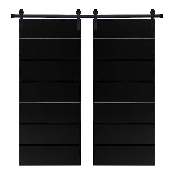 Unbranded Modern LINE Designed 48 in. x 84 in. MDF Panel Black Painted Double Sliding Barn Door with Hardware Kit
