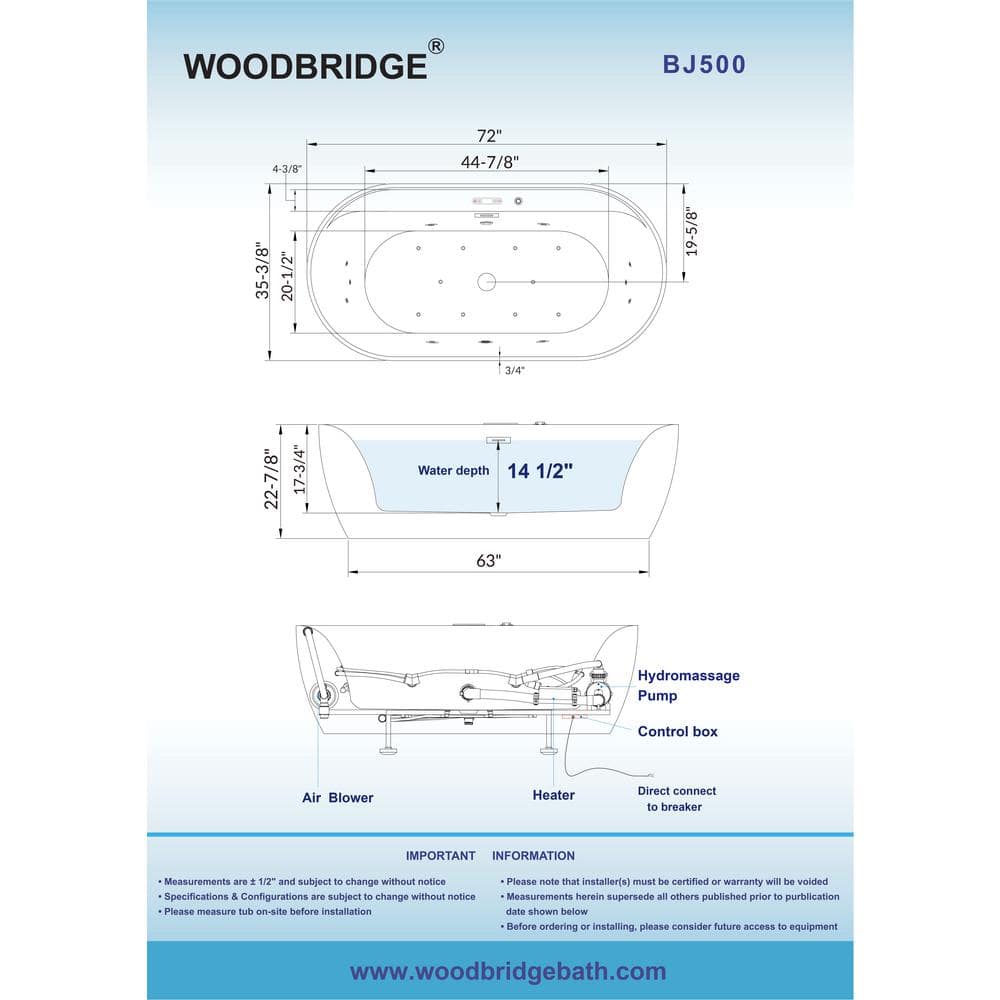 72" White Acrylic Freestanding Heated Whirlpool Tub