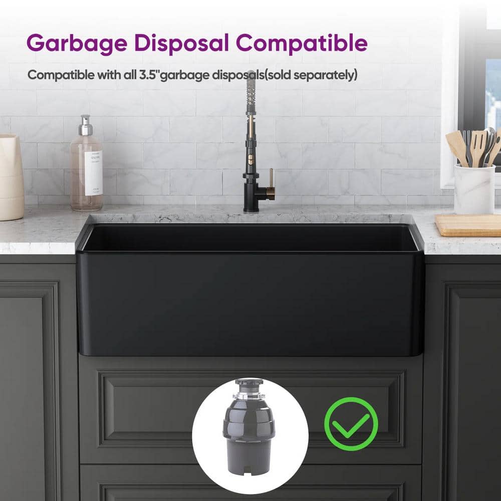 Matte Black Fireclay Farmhouse Kitchen Sink with Grid and Strainer