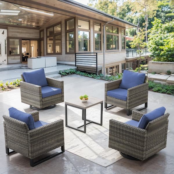 Pocassy Flat Armrest Series 5-Pieces Gray Wicker Outdoor Conversation Set with Coffee Table and Cushion Guard Blue Cushions