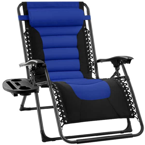 Oversized Padded Zero Gravity Blue Metal Reclining Outdoor Lawn Chair w/Side Tray