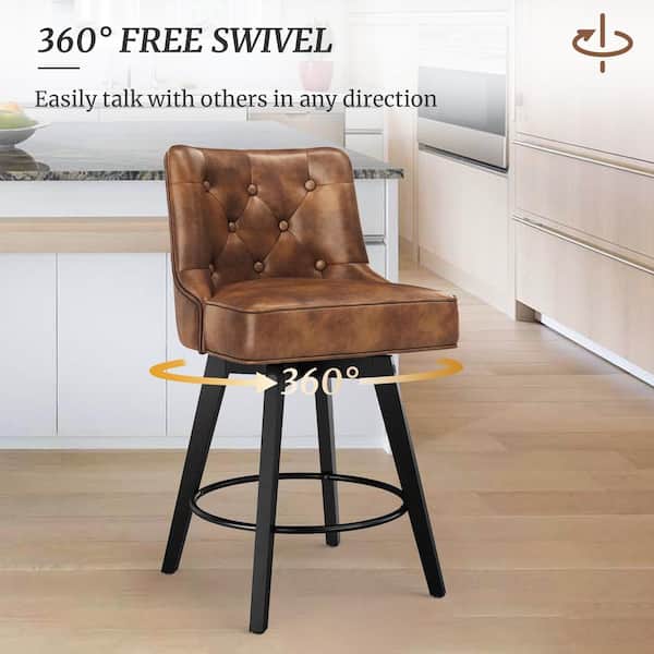 Roman 26.5 in. Brown Faux Leather Solid Wood Leg Counter Height Swivel Bar Stool With Back（Set of 4）