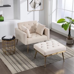 Beige Velvet Upholstered Accent Chair with 3-Positions Adjustable Backrest, Modern Arm Chair and Ottoman Set